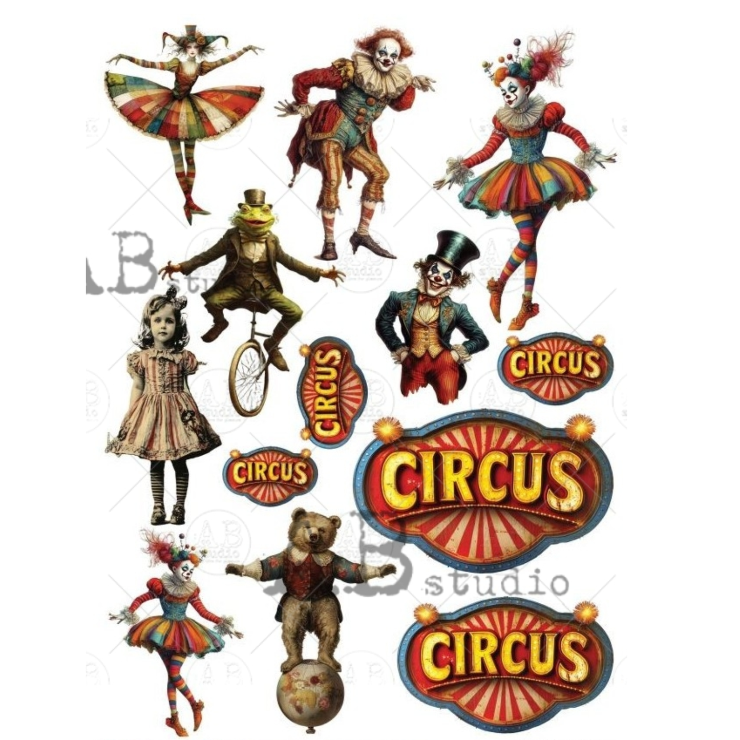 Multiple elements of vintage-style circus performers and logos on a white background