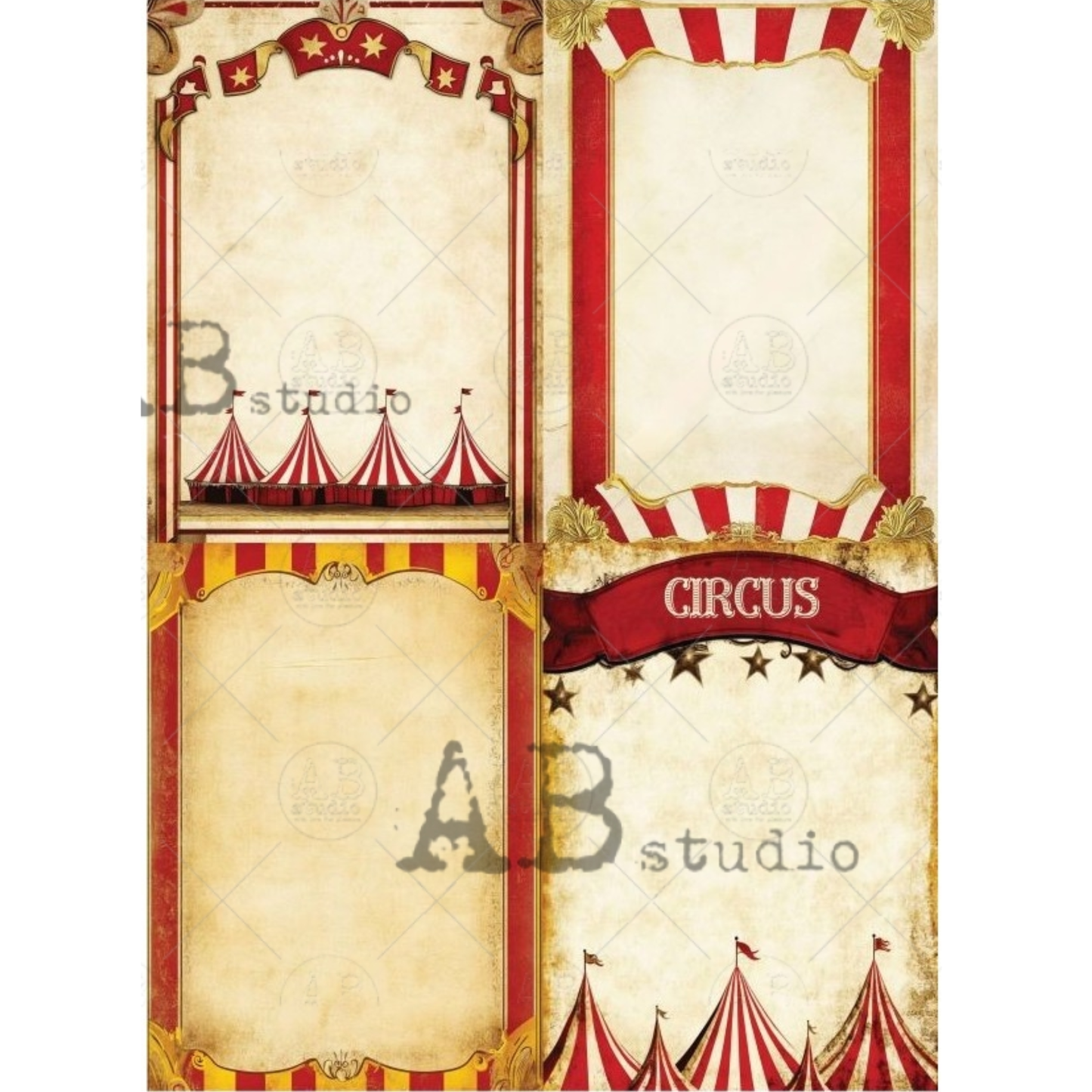 Four vintage, circus-themed background designs with red and gold accents.