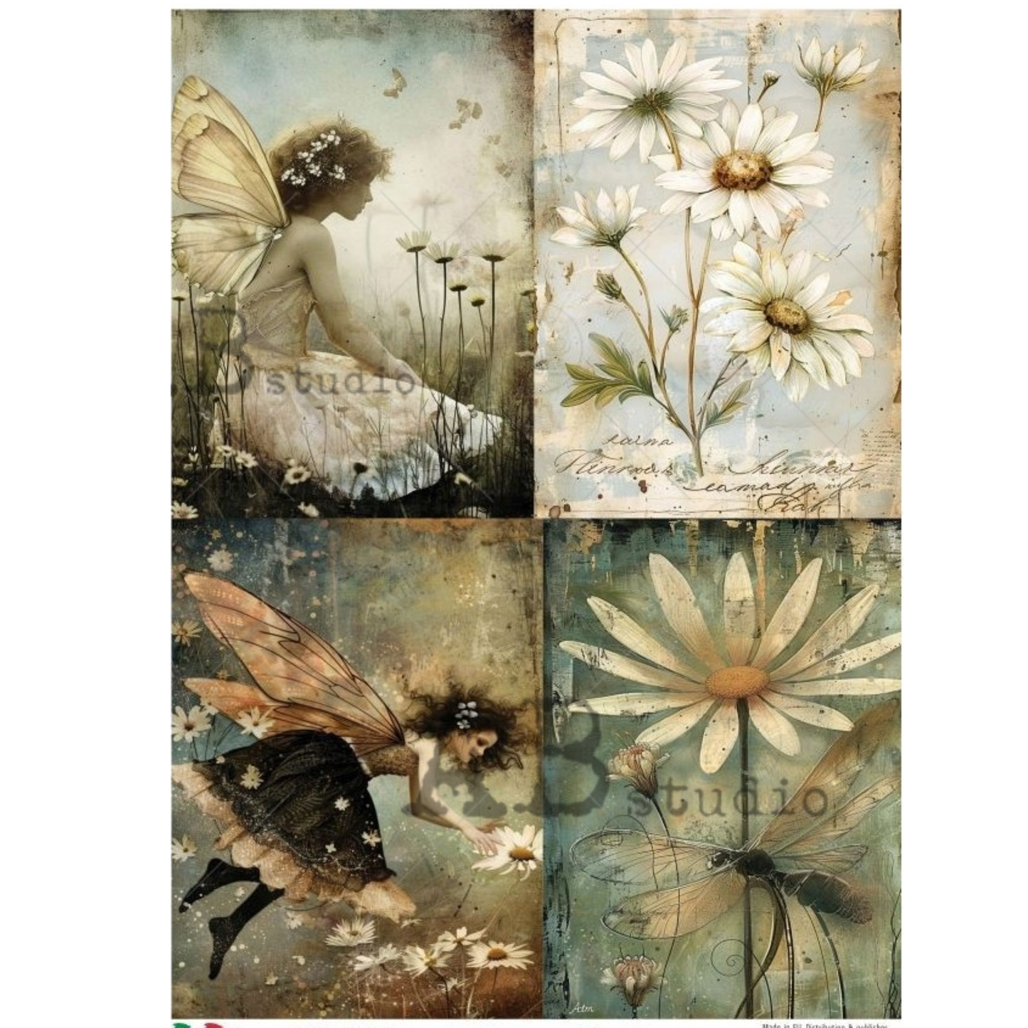 4 images of fairy and floral illustrations.