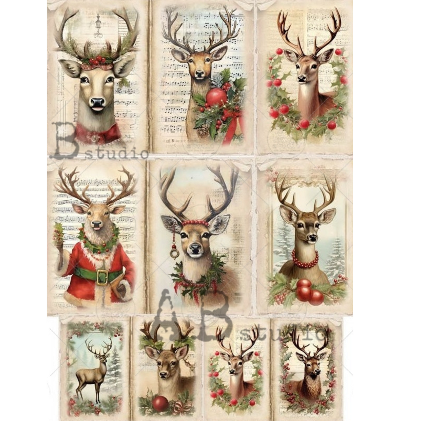 Grid of Christmas-themed deer illustrations with various decorative elements.