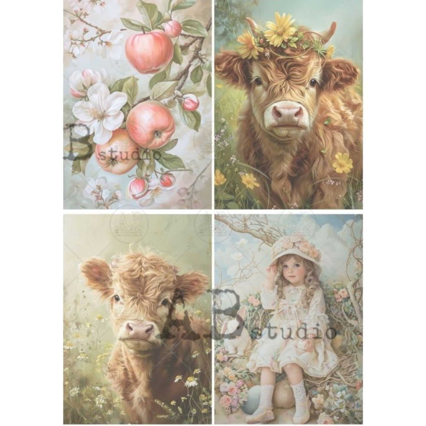 Set of four images featuring cows, apples on a branch and a child with flowers.