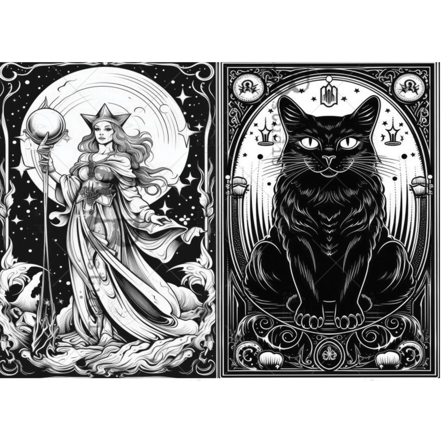 Two black and white gothic illustrations side by side: a celestial woman holding a staff in front of a moon, and a large black cat seated within an ornate decorative frame.