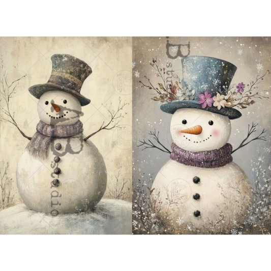 Two festive snowmen with top hats and scarves on a winter-themed background.
