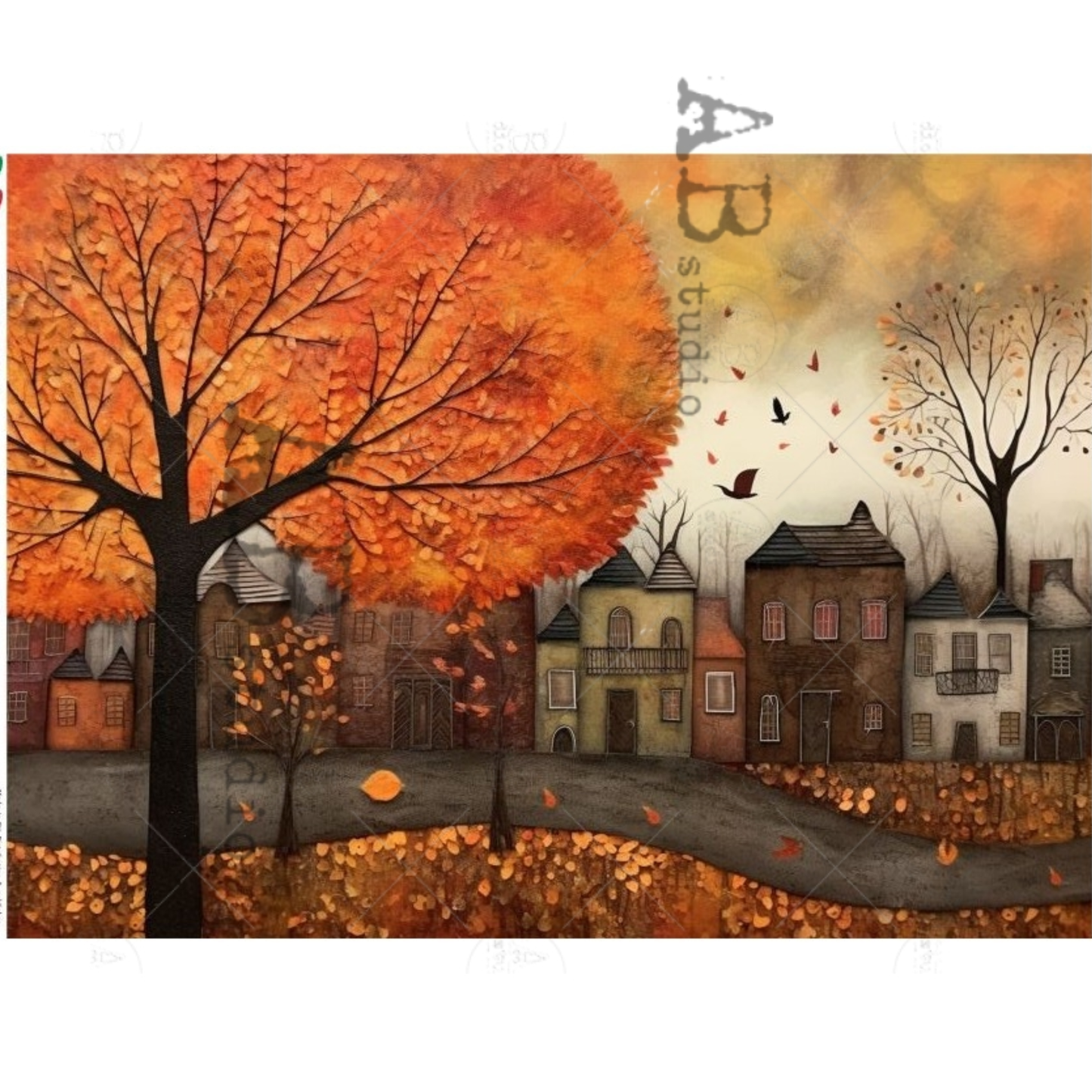 An autumn village scene featuring a large orange tree in the foreground, smaller trees, houses, birds, and scattered leaves on a road.