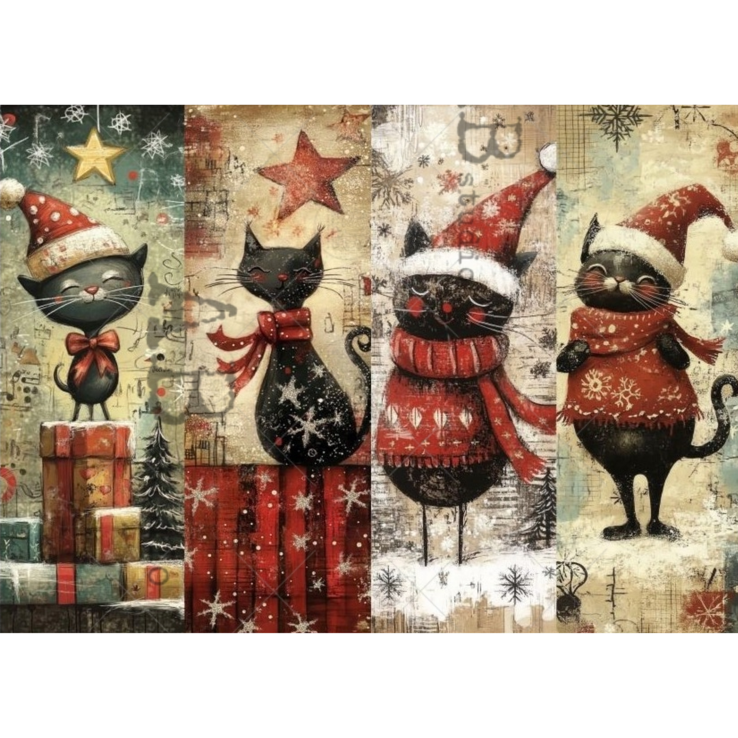 A festive Christmas-themed art print featuring four unique images of black cats wearing Santa hats, scarves, and snowman outfits, standing on wrapped gifts and snowy ground against a vintage collage background.