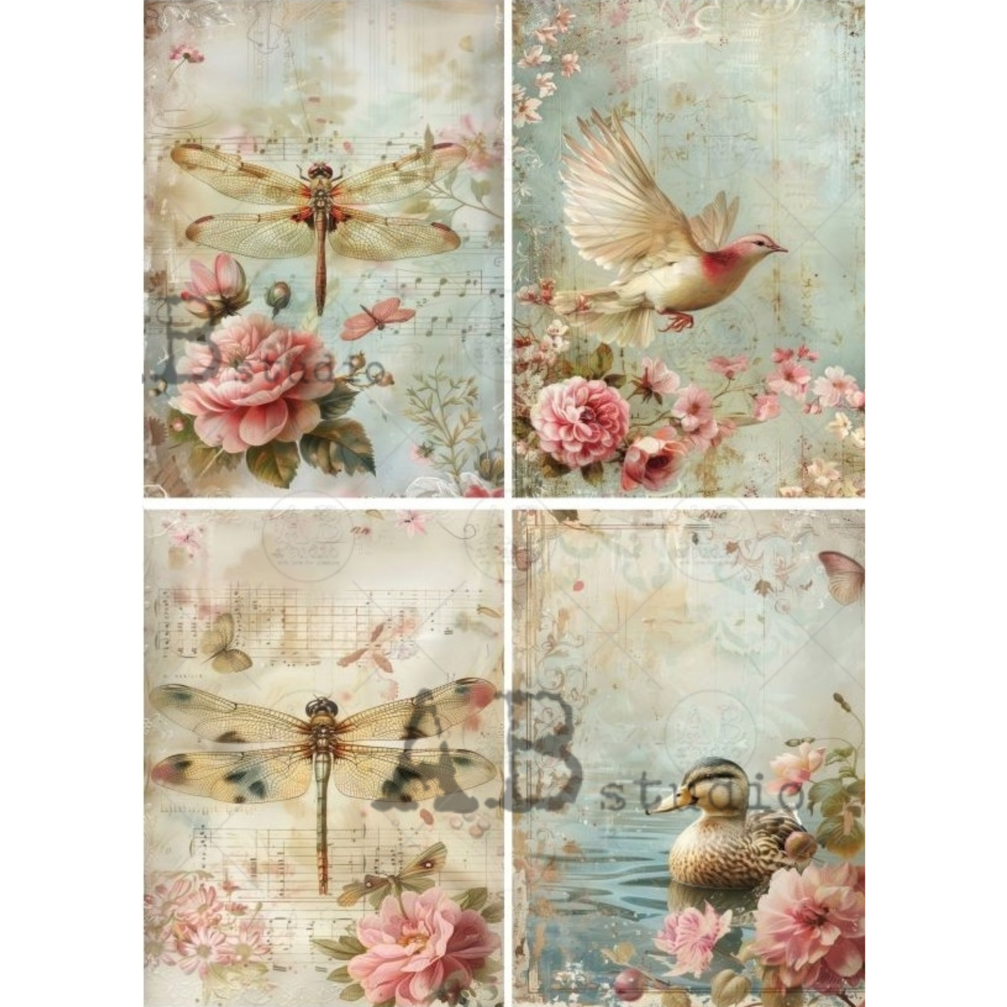 Set of four vintage-style cards with floral, dragonfly, and bird designs.