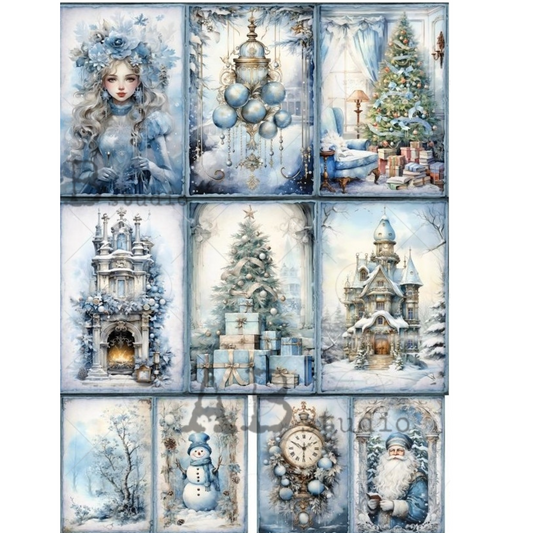 Collage of winter-themed illustrations including a girl, Christmas tree, presents, and snowy landscapes.