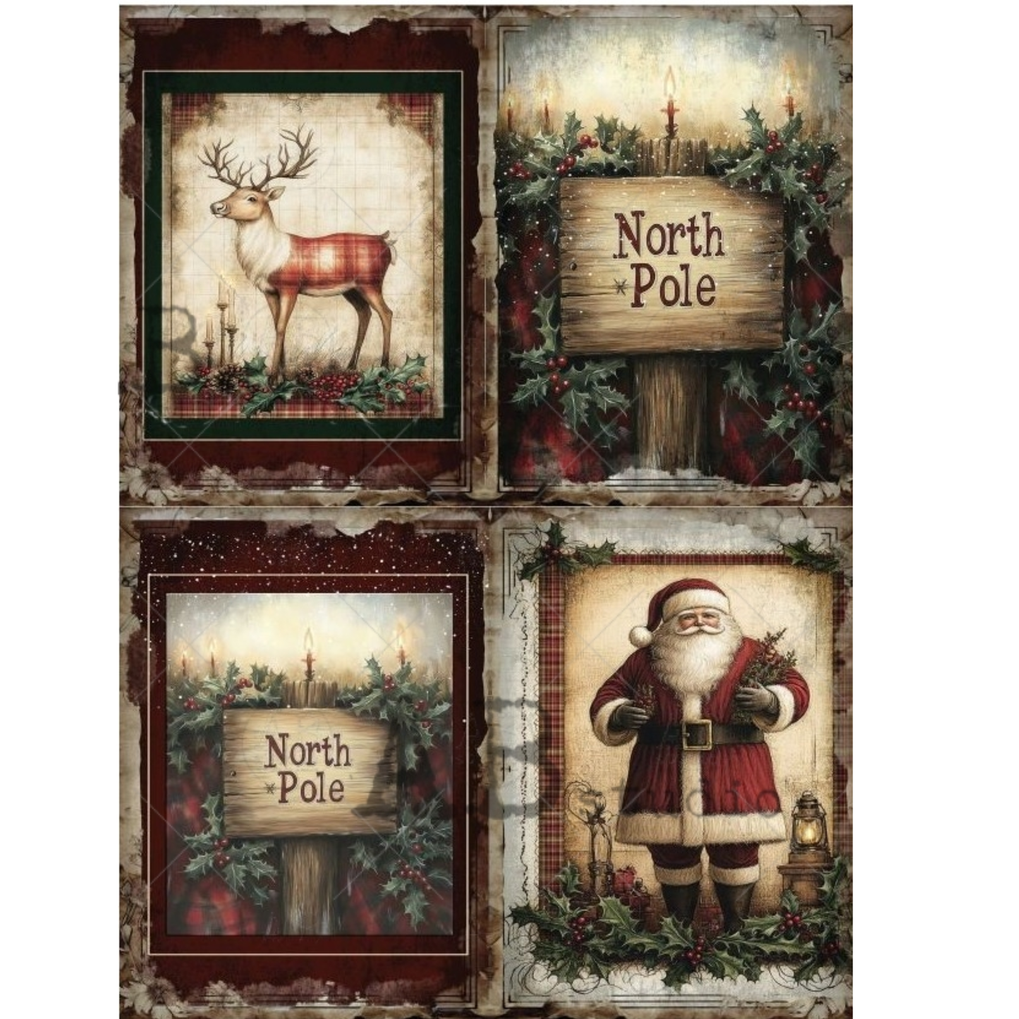 Set of four Christmas-themed images featuring a deer, 'North Pole' signs, and Santa Claus.