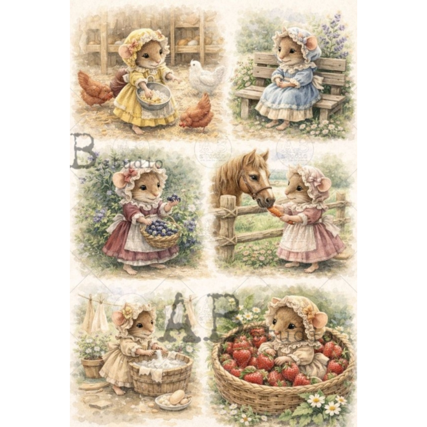 Illustrations of a mouse in human female clothing in various activities in country scenes.