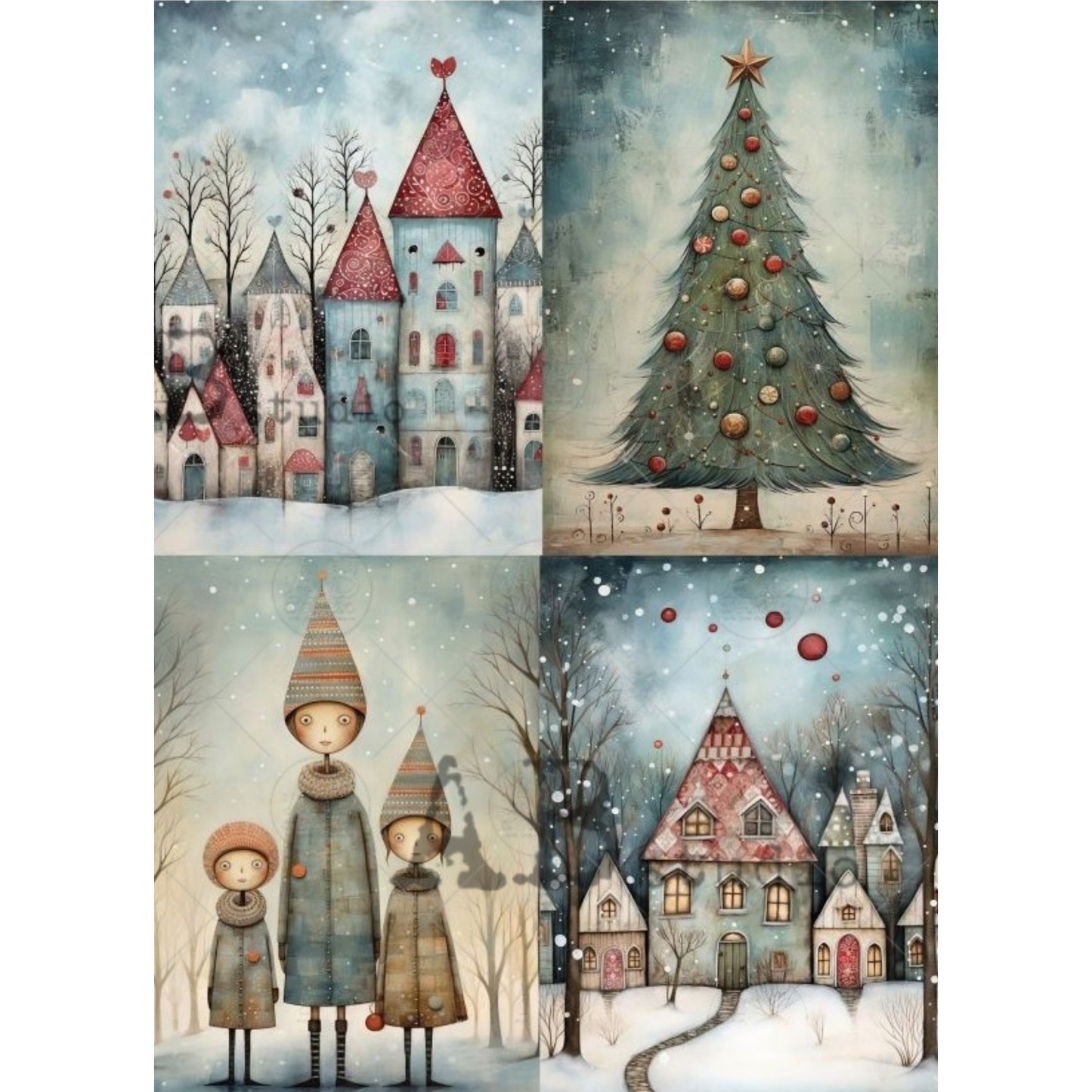 A four-panel design featuring snow-covered houses with red roofs, a decorated Christmas tree, and three children standing in a snowy forest under falling snow.