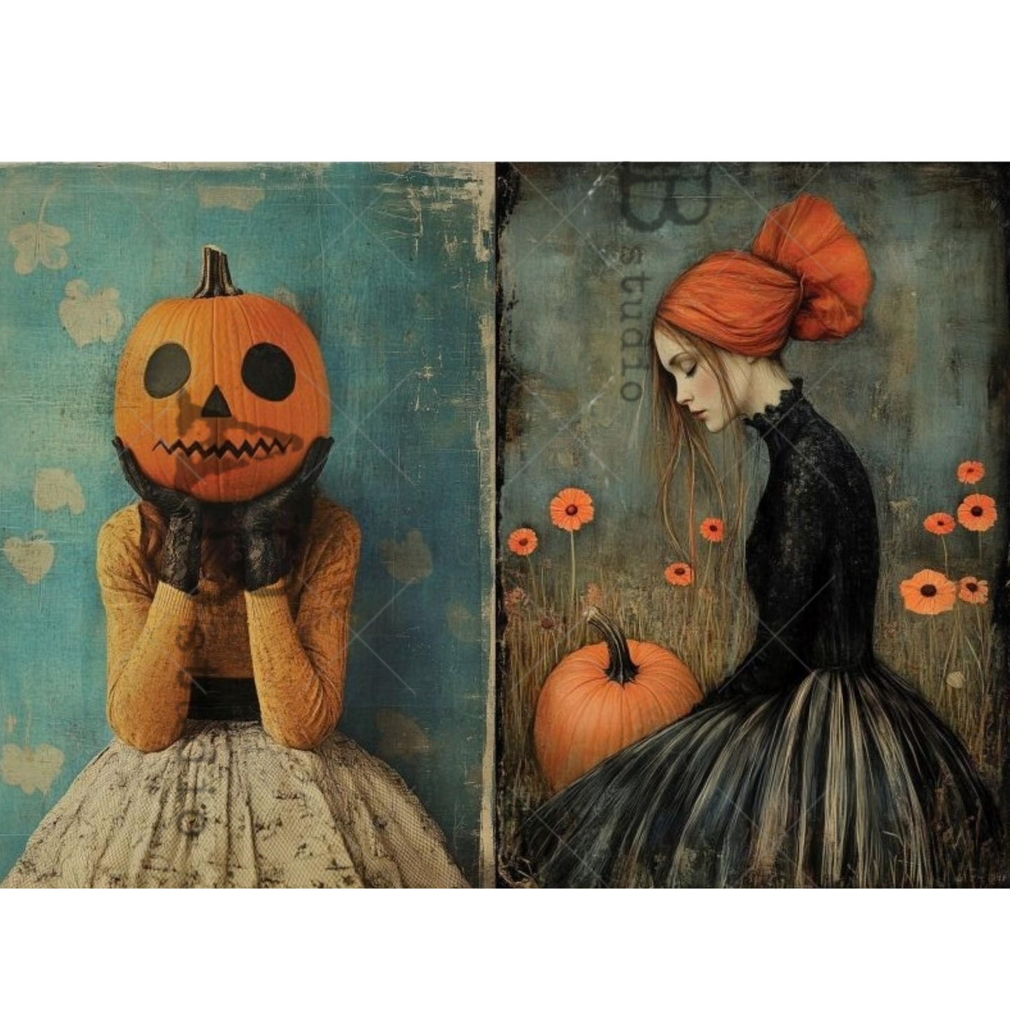 A vintage-style diptych art print featuring two gothic figures. On the left, a woman in a yellow dress holds a carved orange pumpkin to her face against a distressed teal background. On the right, a woman in a gothic style dress sits in a pumpkin and poppy patch.