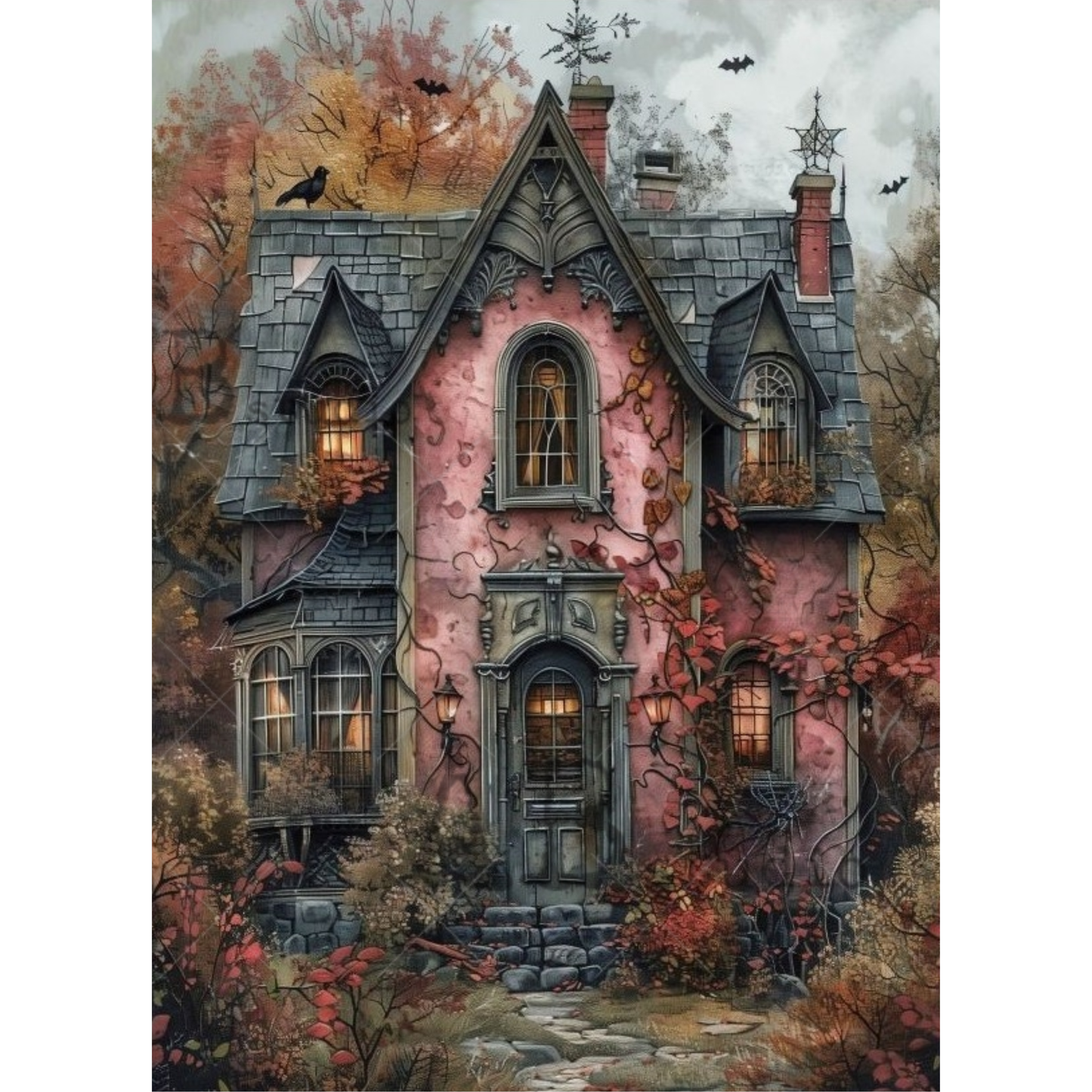 A gothic-style haunted house illustration in autumn colors, with a pink facade, dark gray roof, glowing windows, crows, and red-orange foliage around it.
