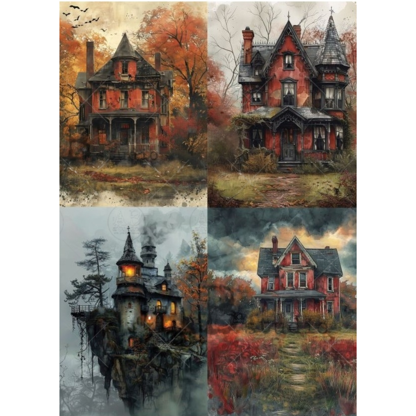 A four-panel collage of gothic haunted-house illustrations in autumn and stormy tones, showing red brick and dark stone houses with lit windows, trees in fall colors, and moody skies.