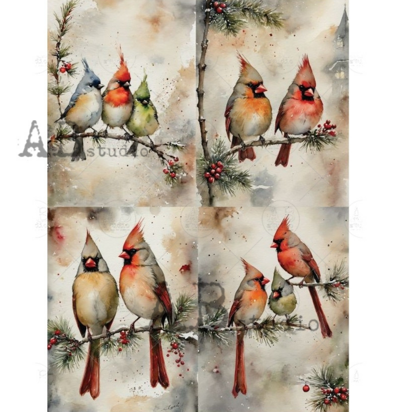Multi Image sheet of cardinals and other birds on branches with berries and snowflakes.
