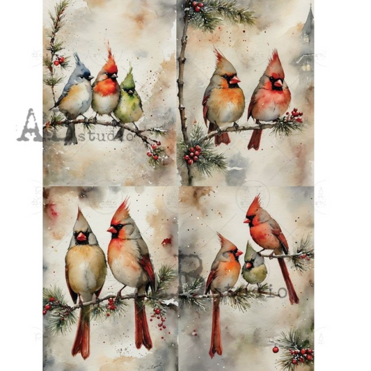 Multi Image sheet of cardinals and other birds on branches with berries and snowflakes.