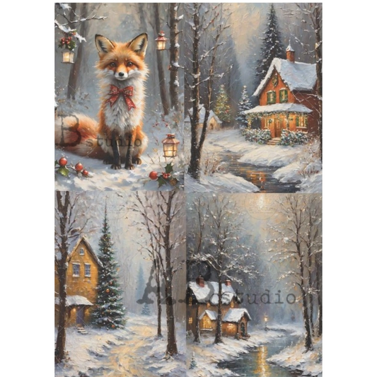 4 images of winter scenes with a fox, houses, and snow-covered trees.