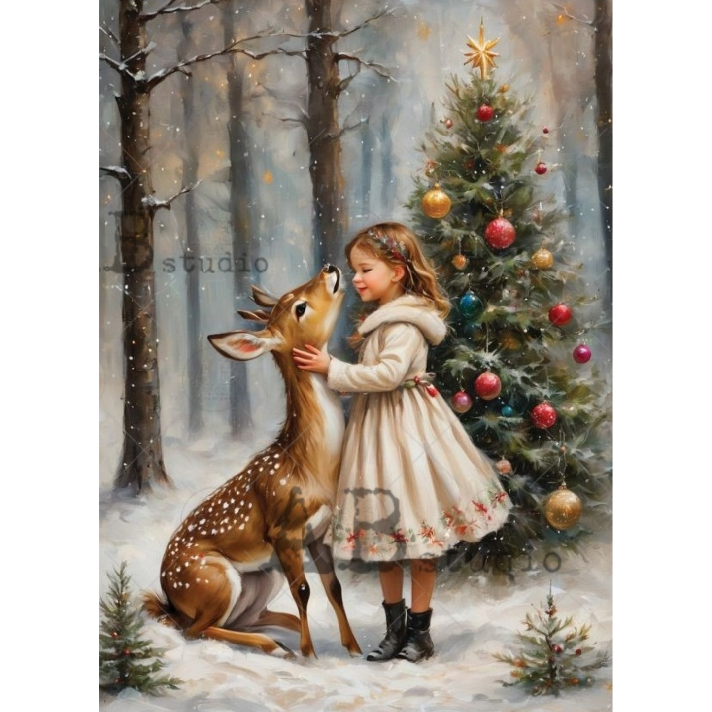 Colorful image of a girl in a snowy forest with a fawn and a decorated Christmas tree.
