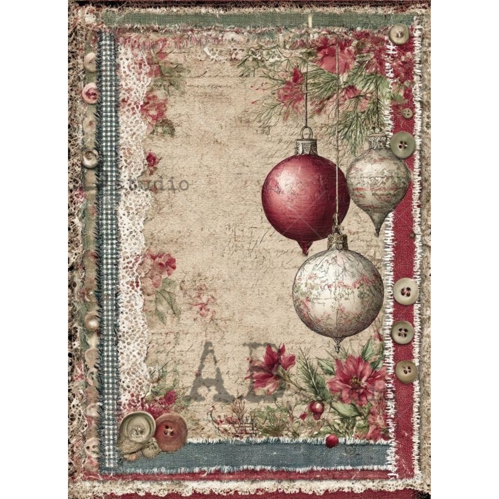 Decorative frame background paper with Christmas ornaments and buttons on a textured background.