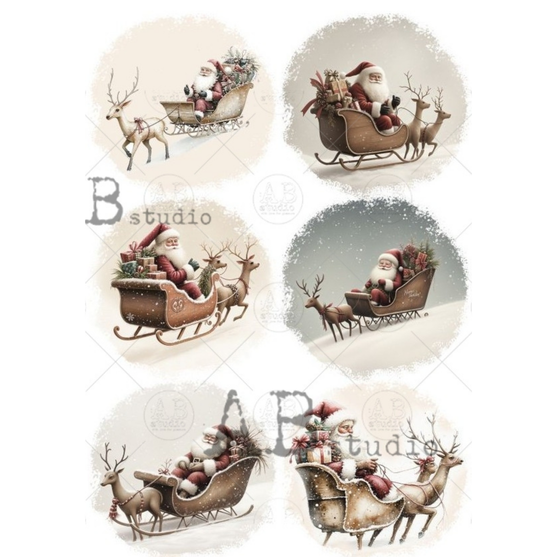 Set of six Christmas-themed designs featuring Santa Claus in a sleigh with reindeer.