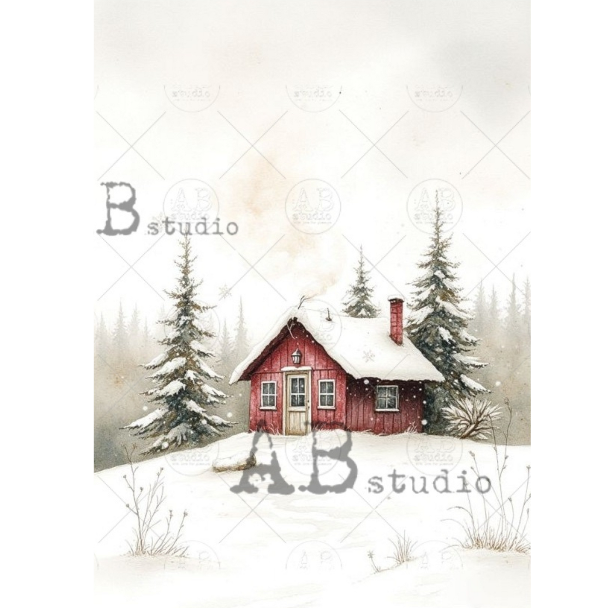 Red cabin in a snowy forest.