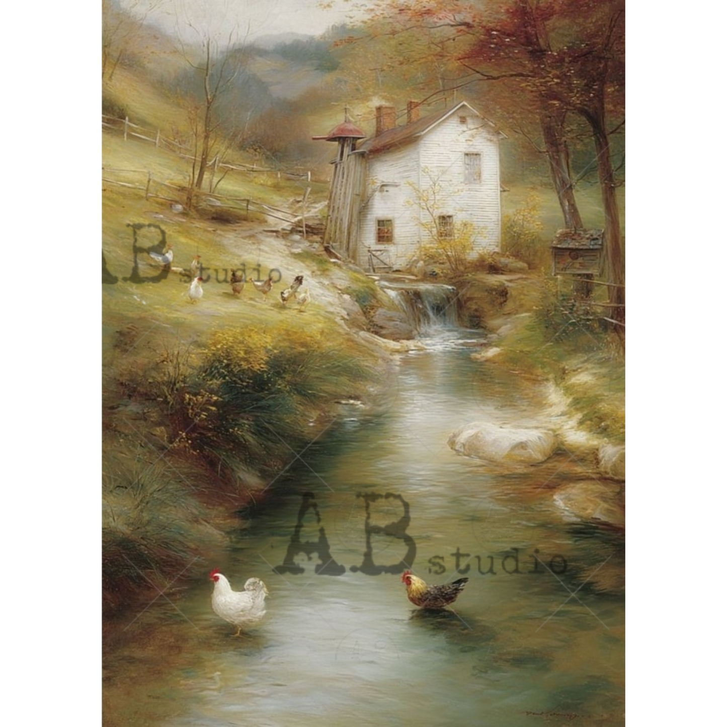 Painting of a rural scene with a mill, stream, and chickens.