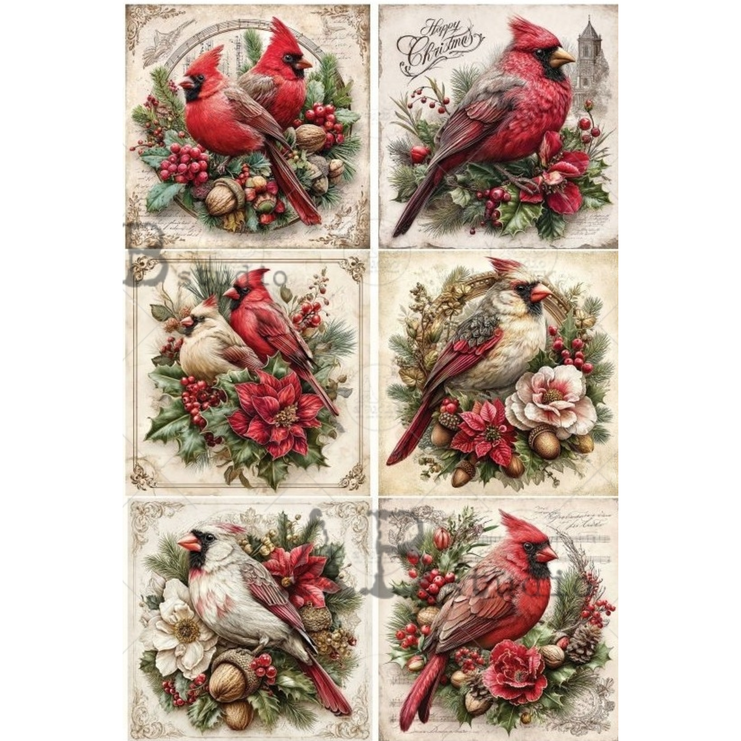 Set of six Christmas-themed images featuring red cardinals with floral and berry decorations.