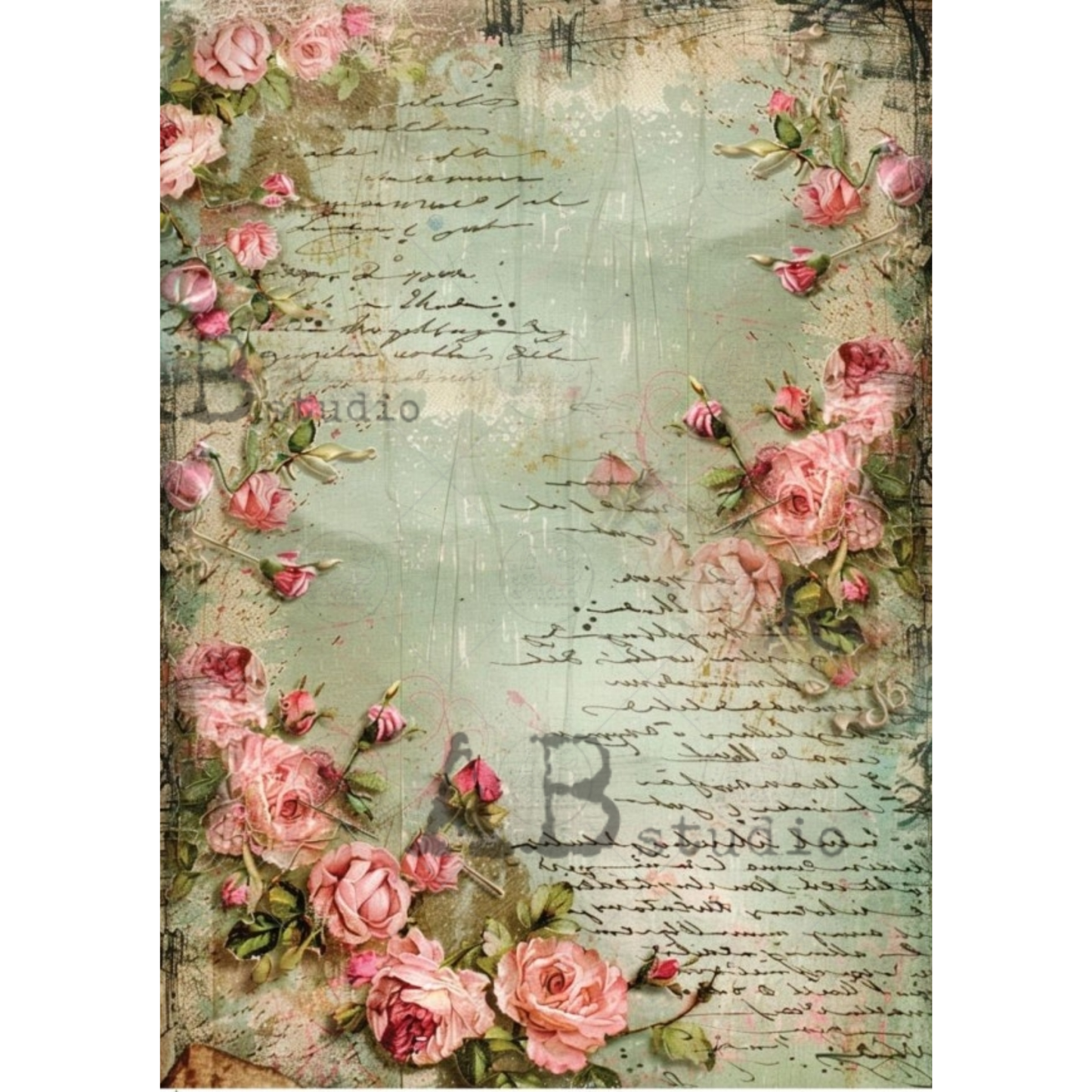 Vintage-style paper with pink roses and cursive text on a textured background.