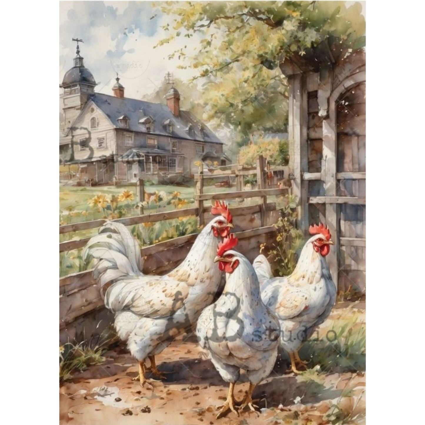 Image of chickens near a farm with a house and garden in the background.