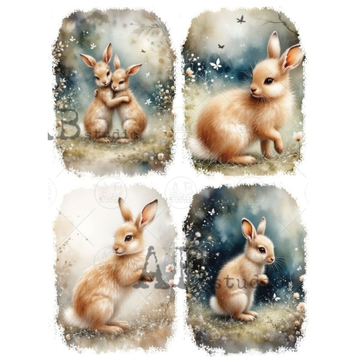 Four illustrations of rabbits in different poses with a soft, pastel color palette.