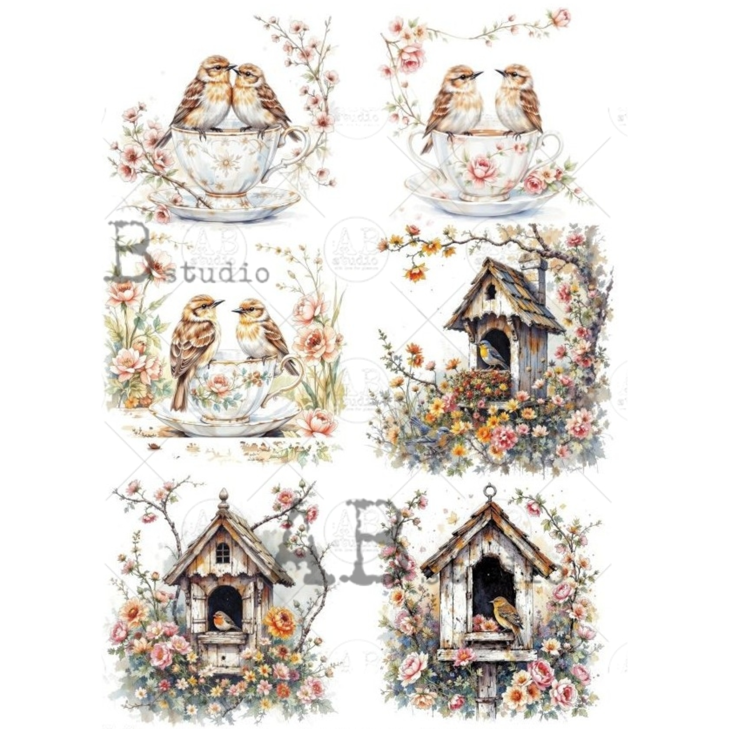Set of decorative illustrations featuring birds, birdhouses, and floral elements on a white background.