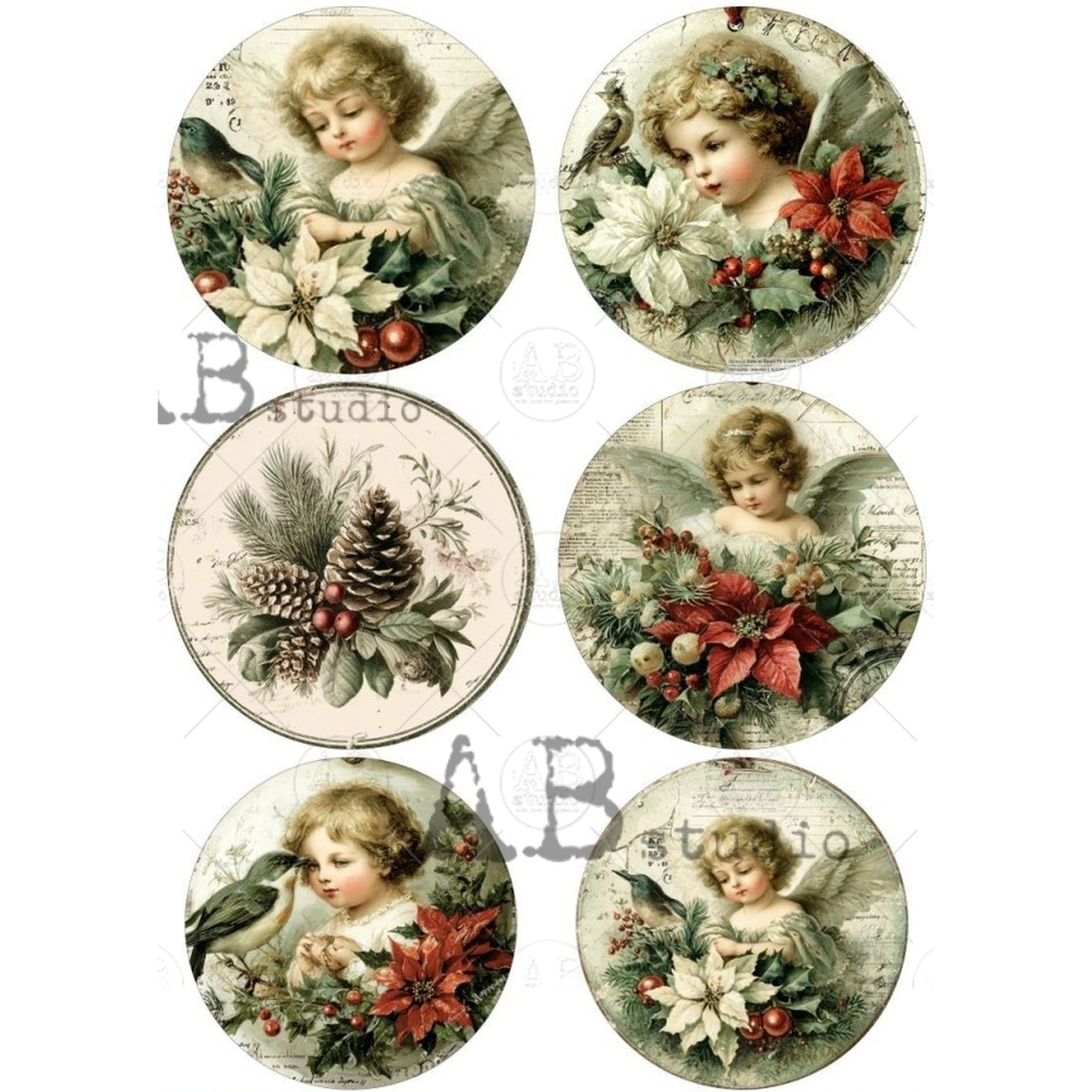 Six circular vintage-style Christmas illustrations featuring cherubs with wings, poinsettias, pinecones, evergreen branches, birds, and soft floral motifs.