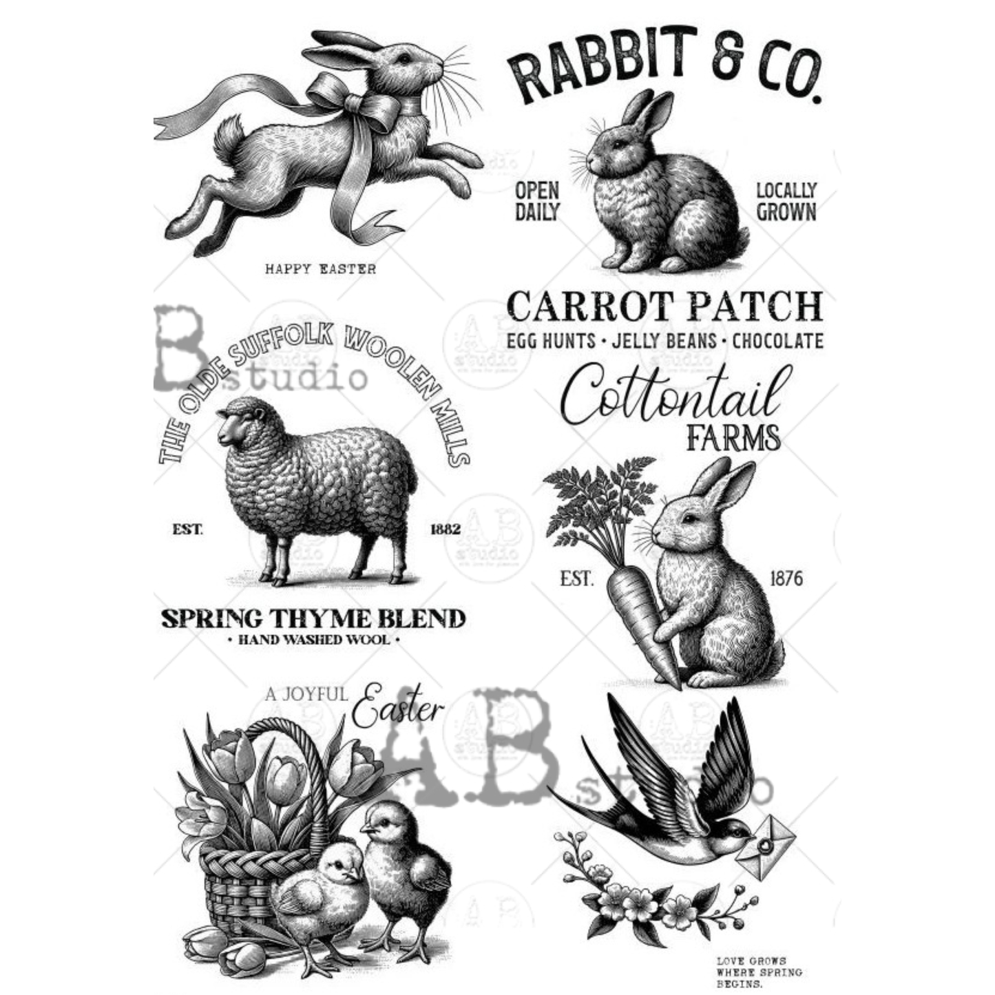 Vintage-style illustrations of a rabbit, sheep, and birds with text on a white background.
