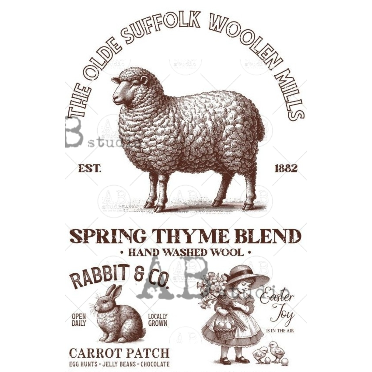 Vintage-style labels in sepia tones with a sheep, a rabbit and child on a white background