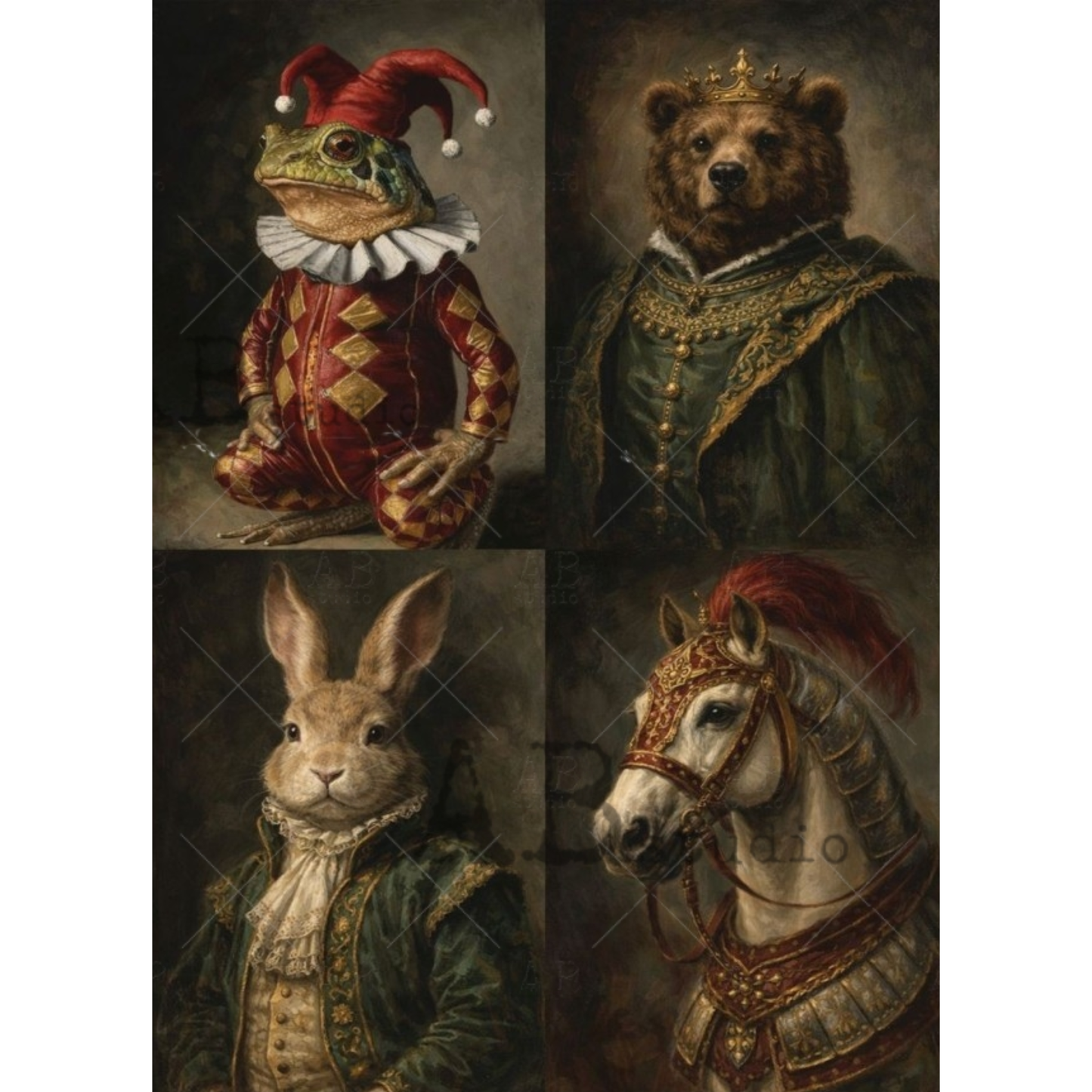 Four animal portraits in regal attire, including a frog, bear, rabbit, and horse, on a dark background.