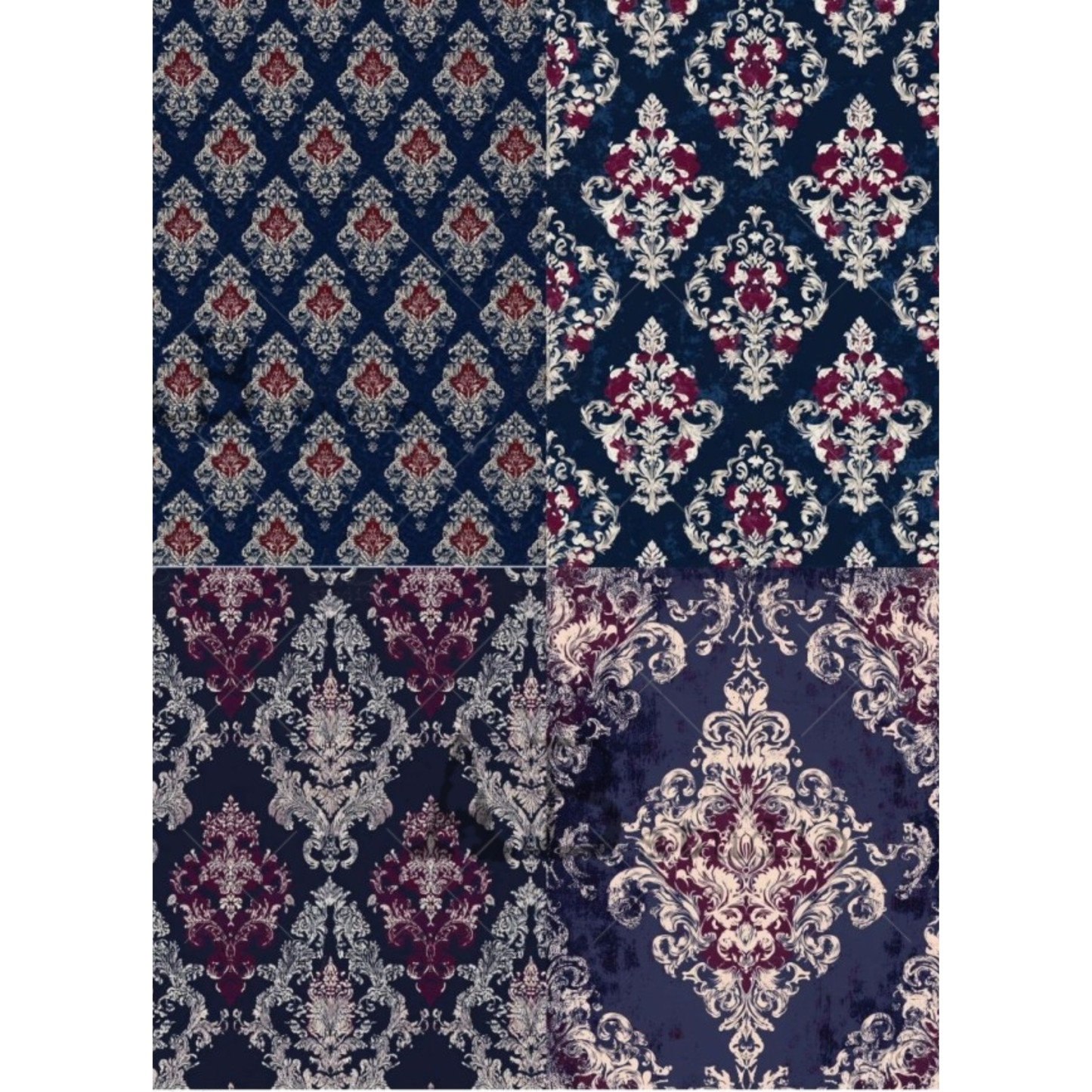 Four patterned damask designs in burgandy and white on a dark blue background.