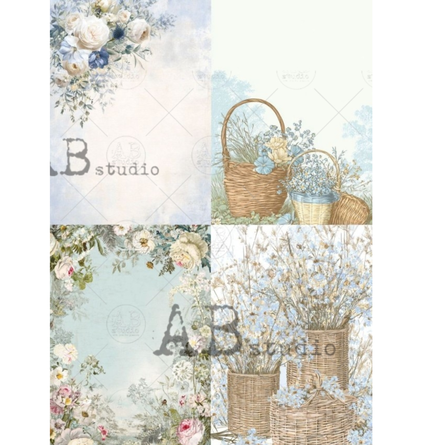 Collage of four floral and wicker basket designs in pastel shades.