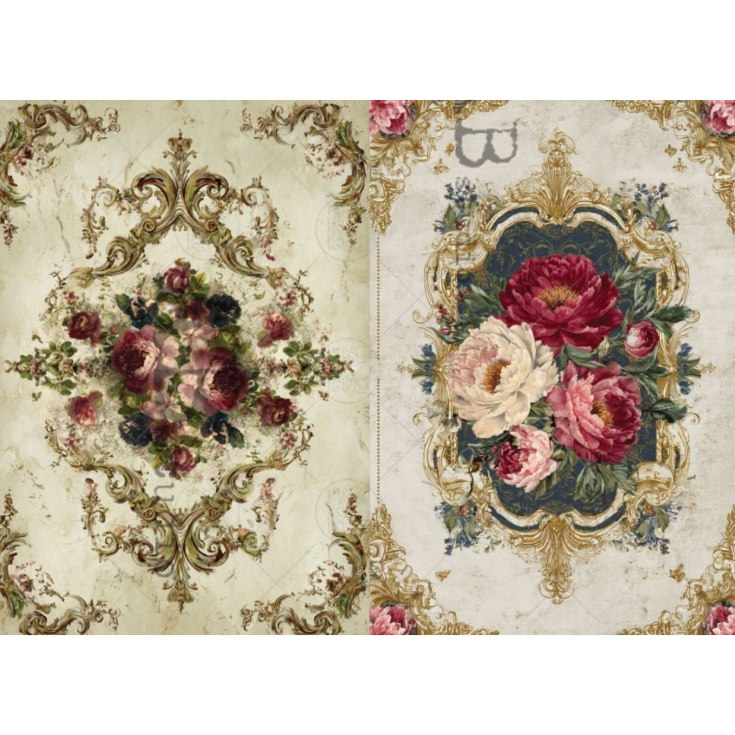 Decorative paper with floral and baroque design on a beige background.