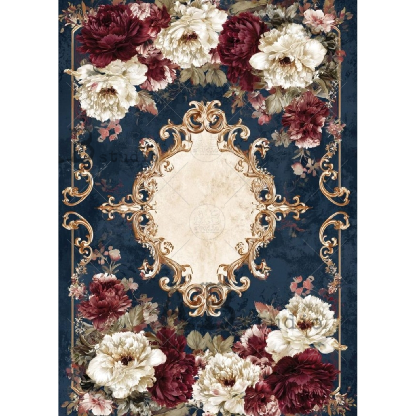 Decorativefloral patterned paper with an ornate plate design on a dark blue background.