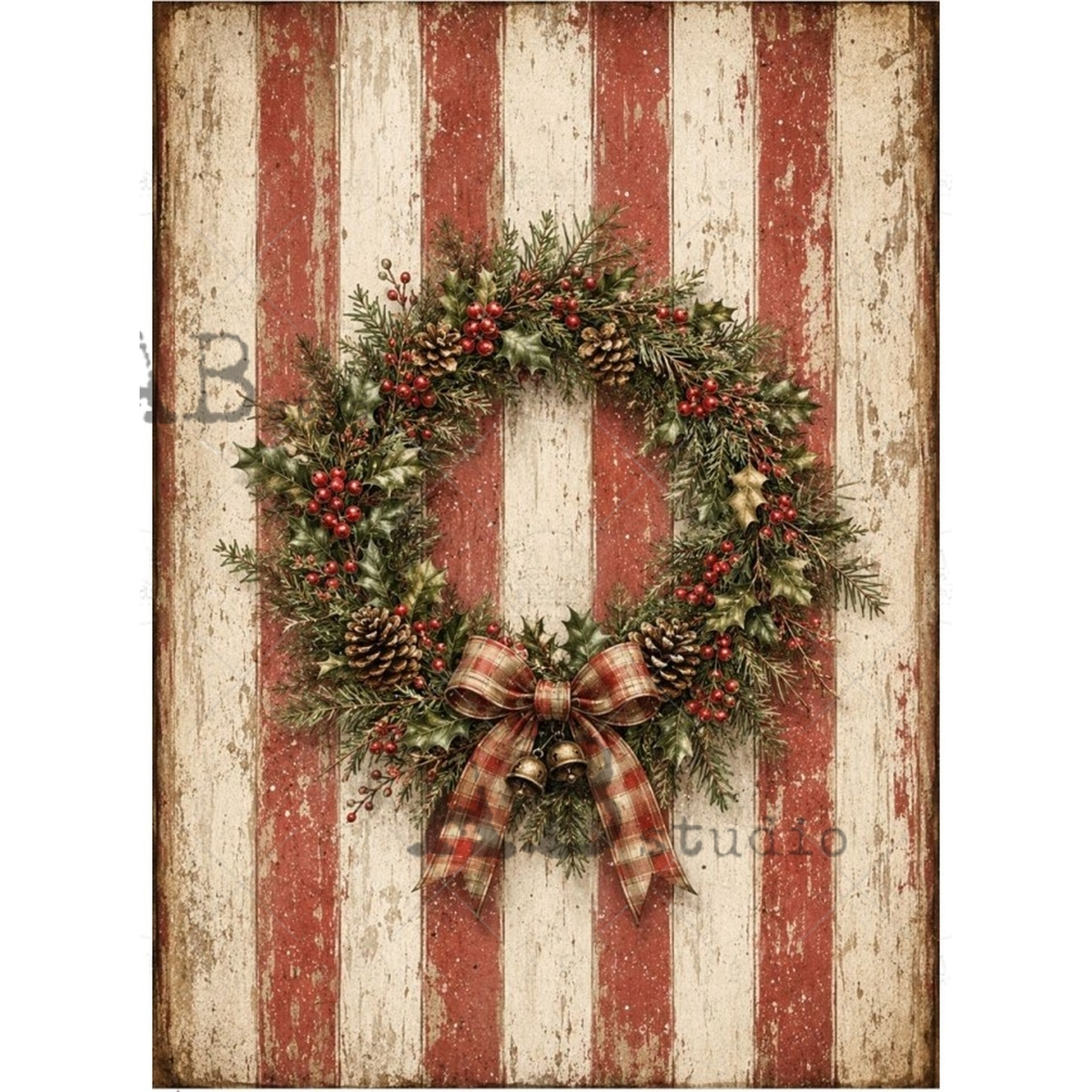 A rustic Christmas wreath with green pine branches, red berries, pinecones, and a red plaid bow, centered on a distressed red and cream vertical wood plank background.