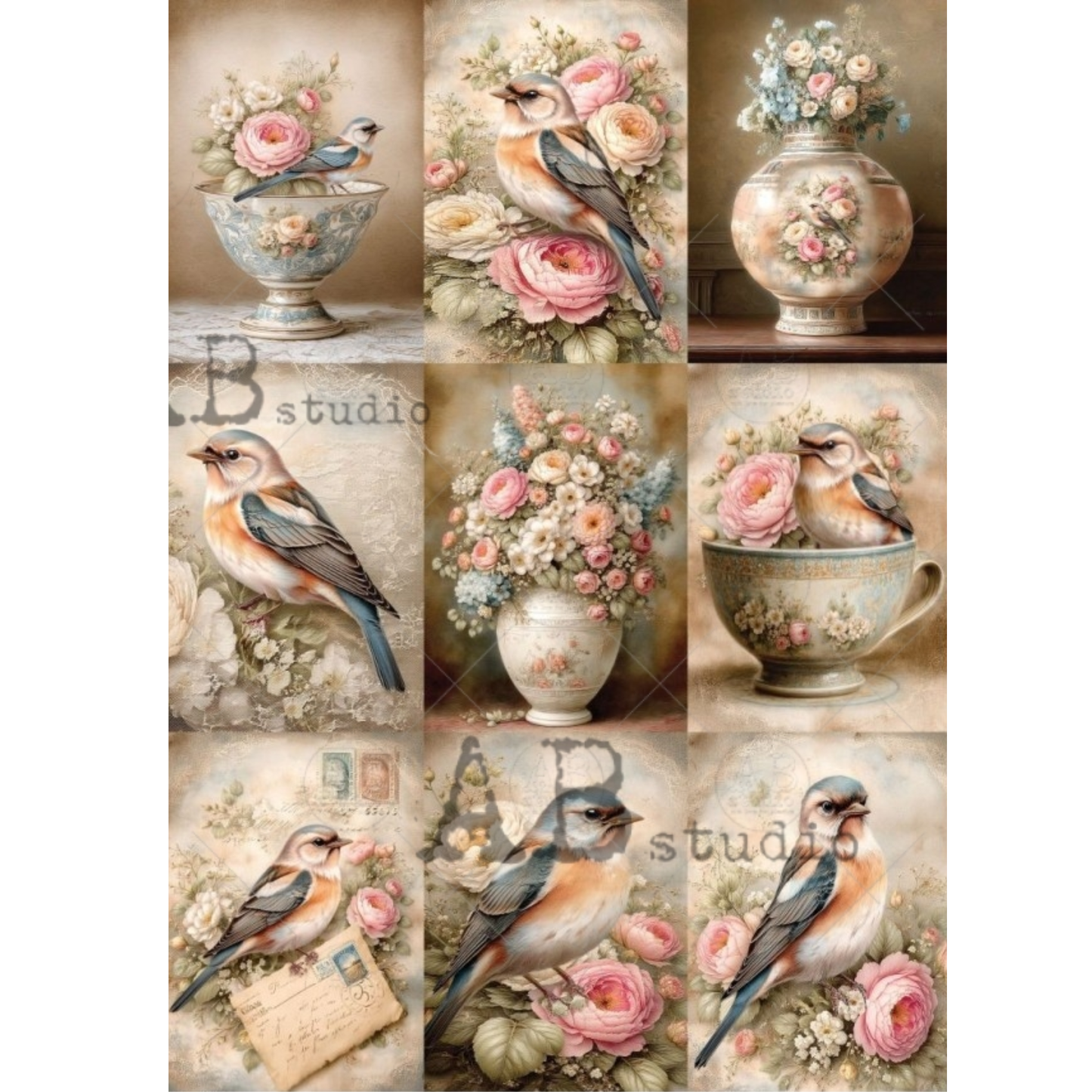 Collage of vintage-style images featuring birds and floral arrangements.