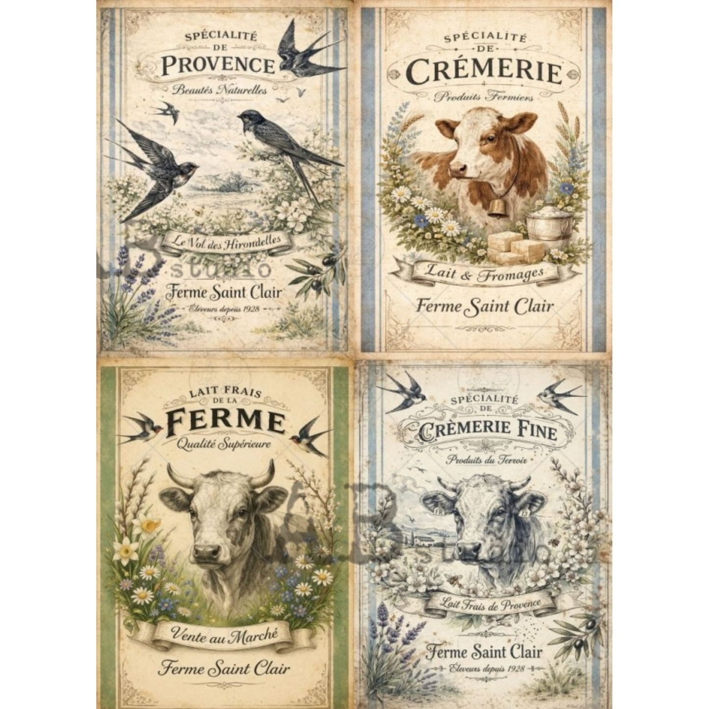 Set of four vintage-style farm product labels featuring cows and nature elements.