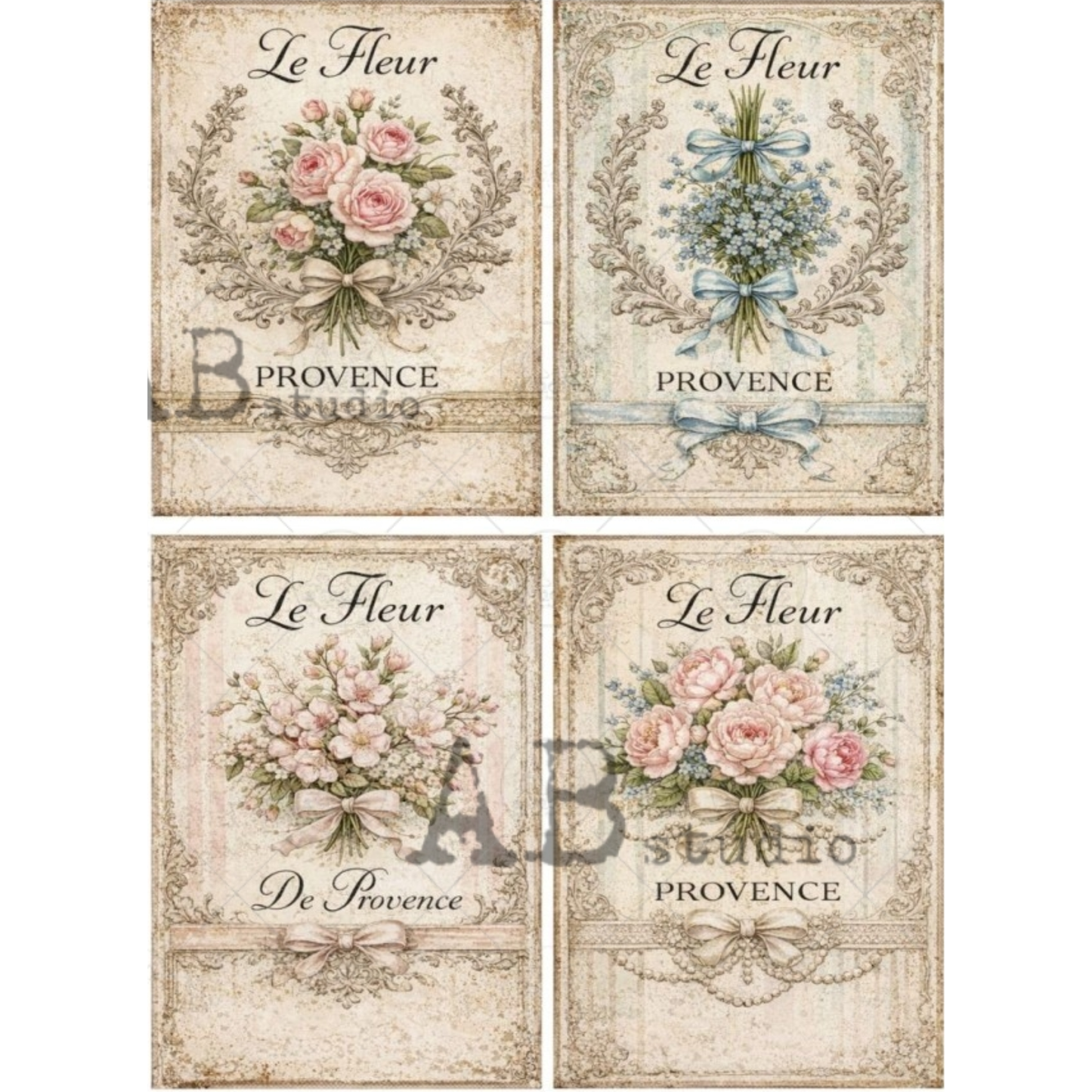 Four page design featuring florals and grain sack stripes with "Le Fleur Provence" text on a beige background.