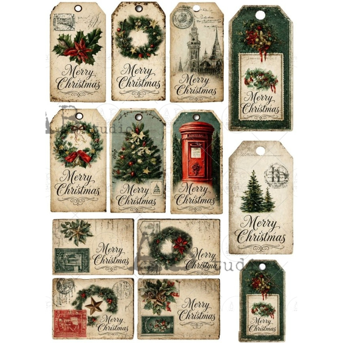 A set of 15 vintage-style Christmas gift tag images with various holiday illustrations including wreaths, Christmas trees, a red post box, and 'Merry Christmas' text.
