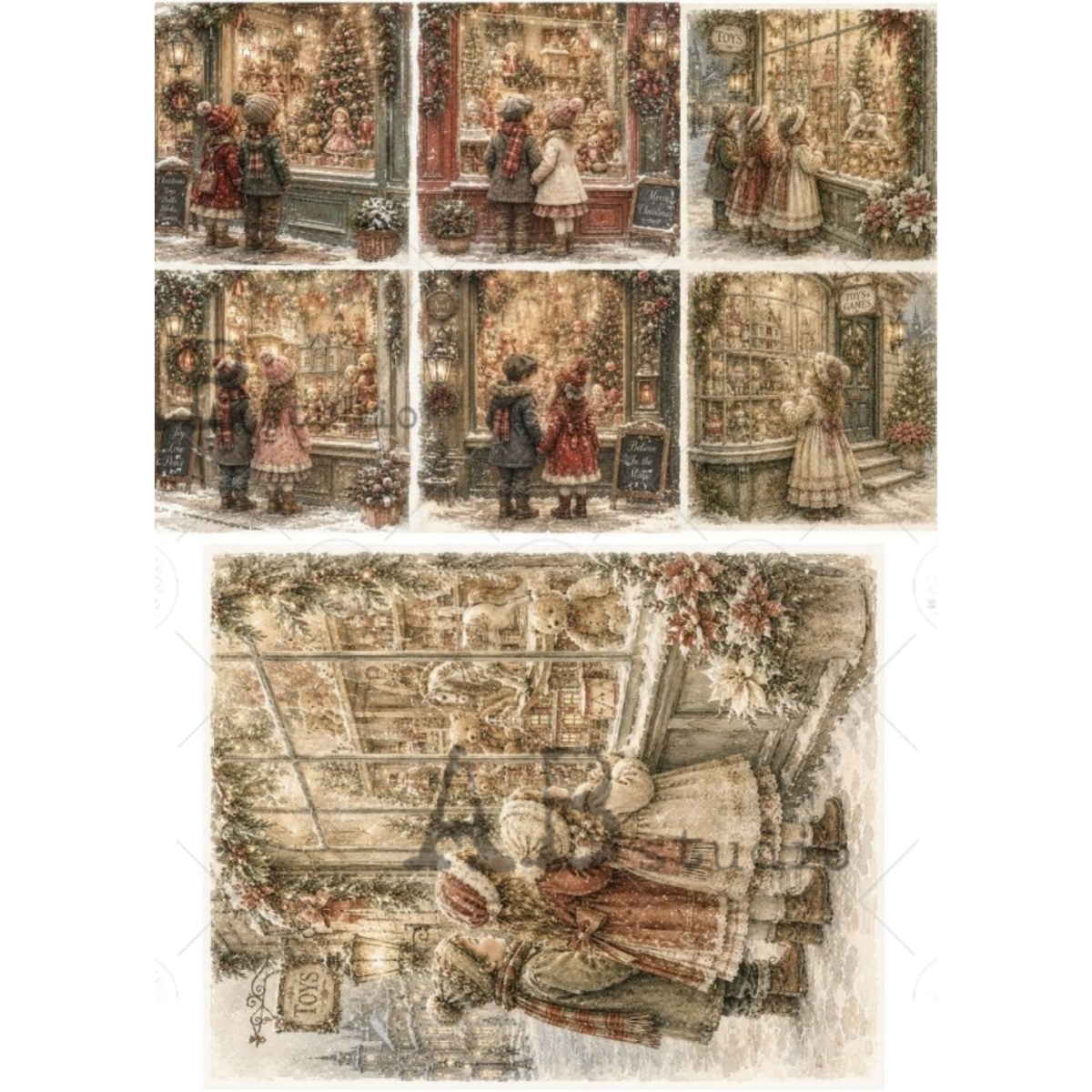 Multiple illustrated vintage scenes of children in winter clothing looking at decorated Christmas storefront windows, with one larger detailed scene at the bottom showing children peering into the shop windows.
