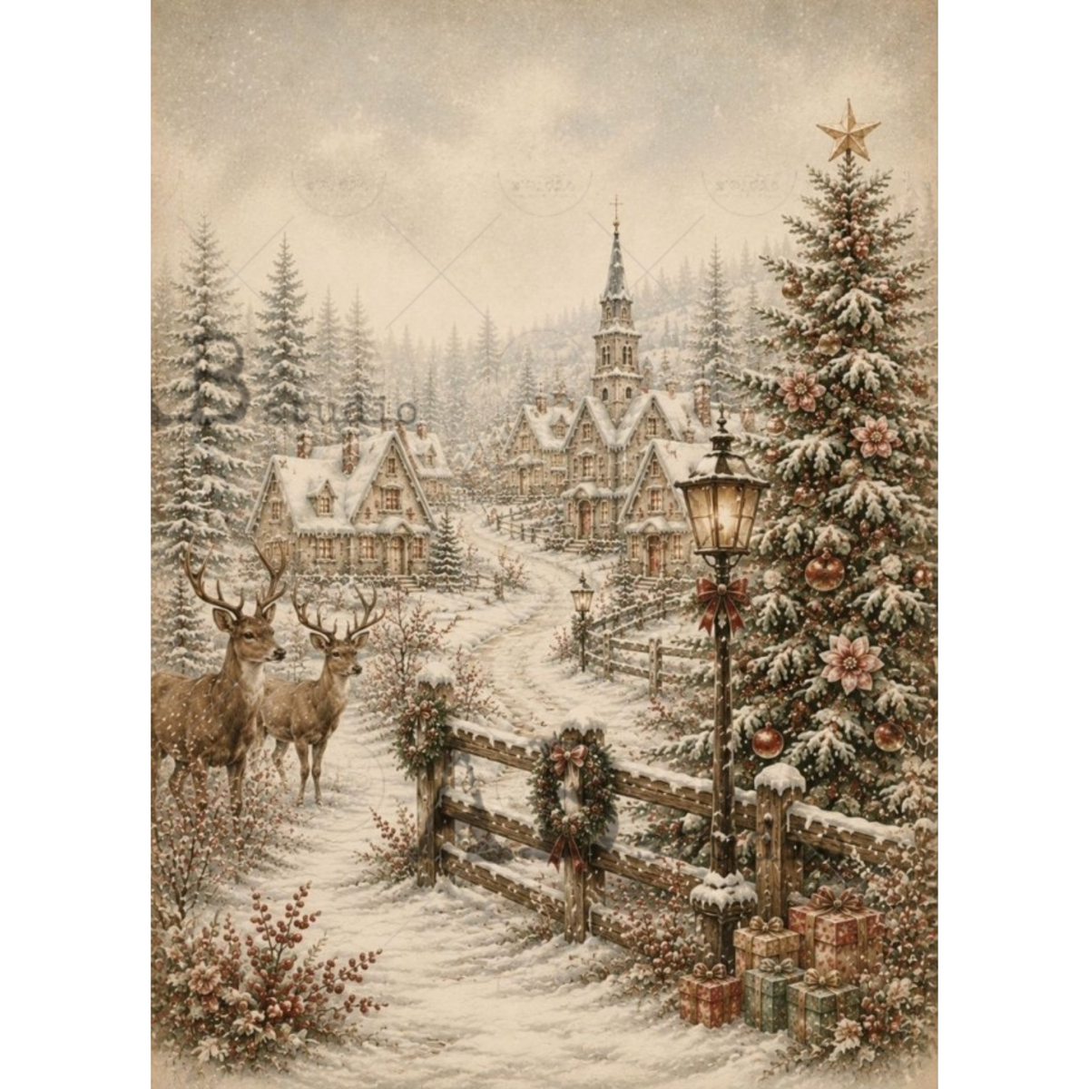 A vintage-style winter village scene with snow-covered houses, evergreen trees, a decorated Christmas tree, a lamppost, fence wreaths, and two deer in the foreground.