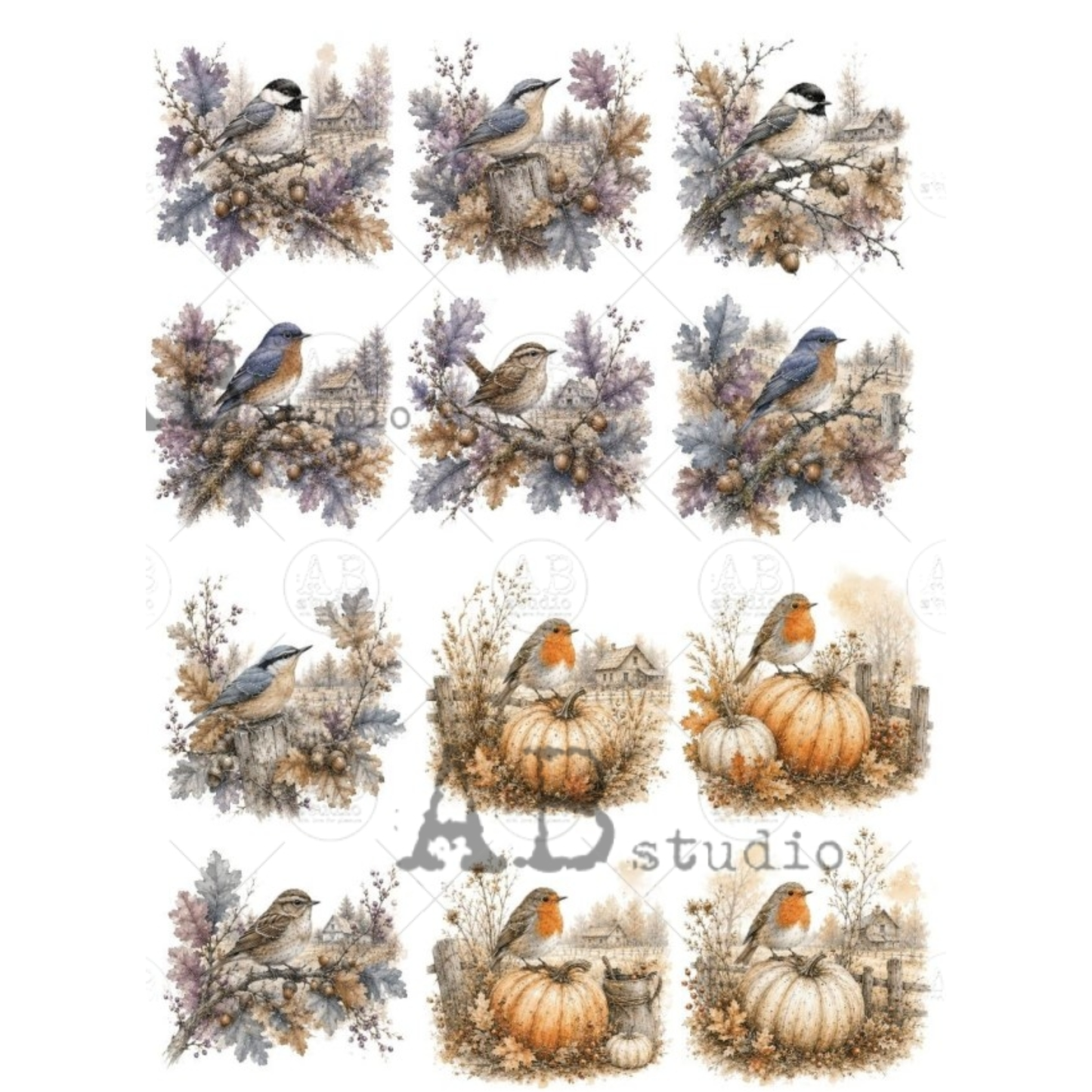 Watercolor-style autumn bird and pumpkin illustrations - twelve images.