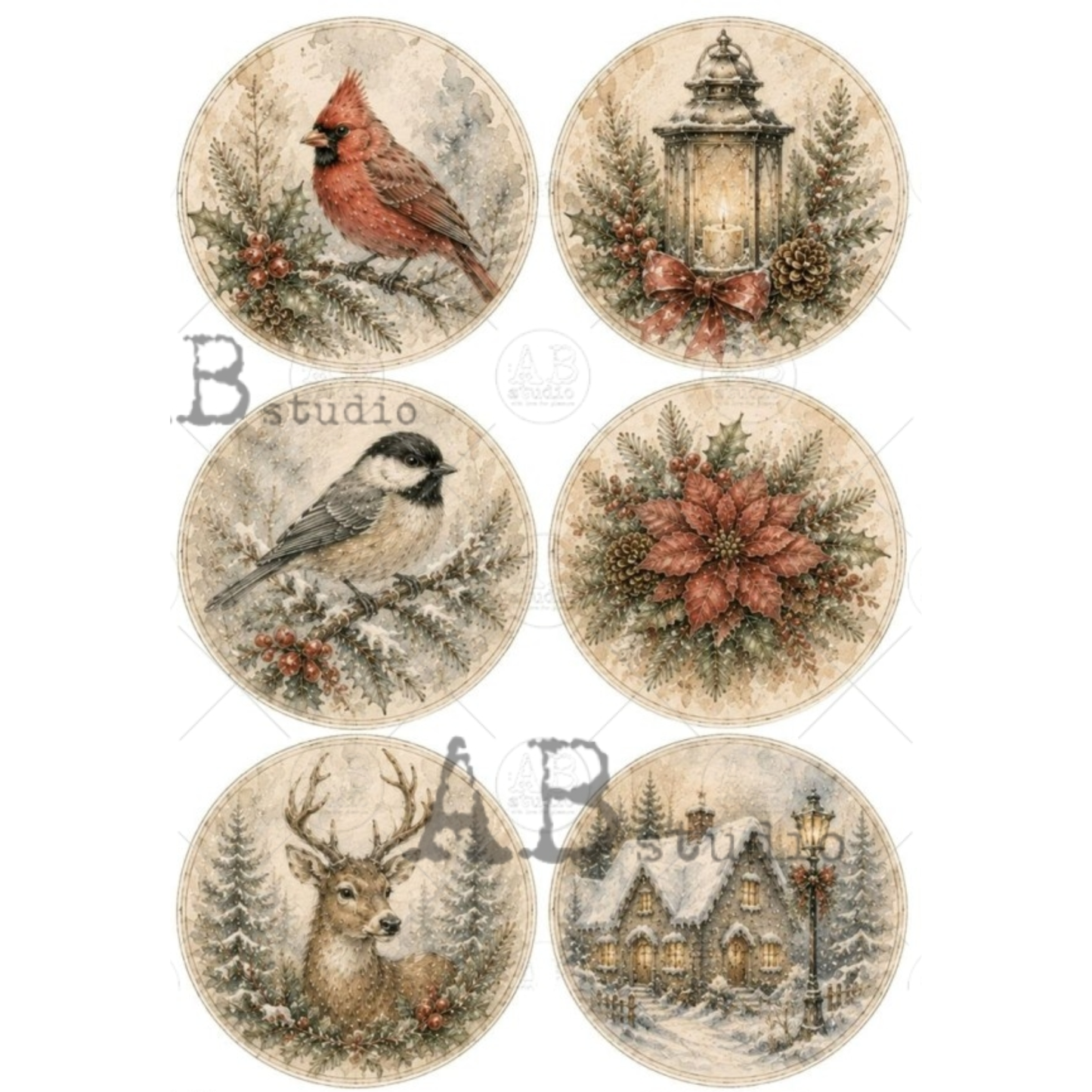 Six round vintage-style holiday illustrations, featuring a cardinal, lantern, bird, poinsettia, deer, and snowy cottage scene.