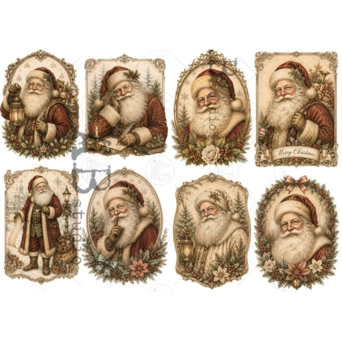 A set of eight vintage-style Christmas illustrations featuring Santa Claus in different poses, each framed in an ornate border with wreaths, flowers, and holiday motifs.