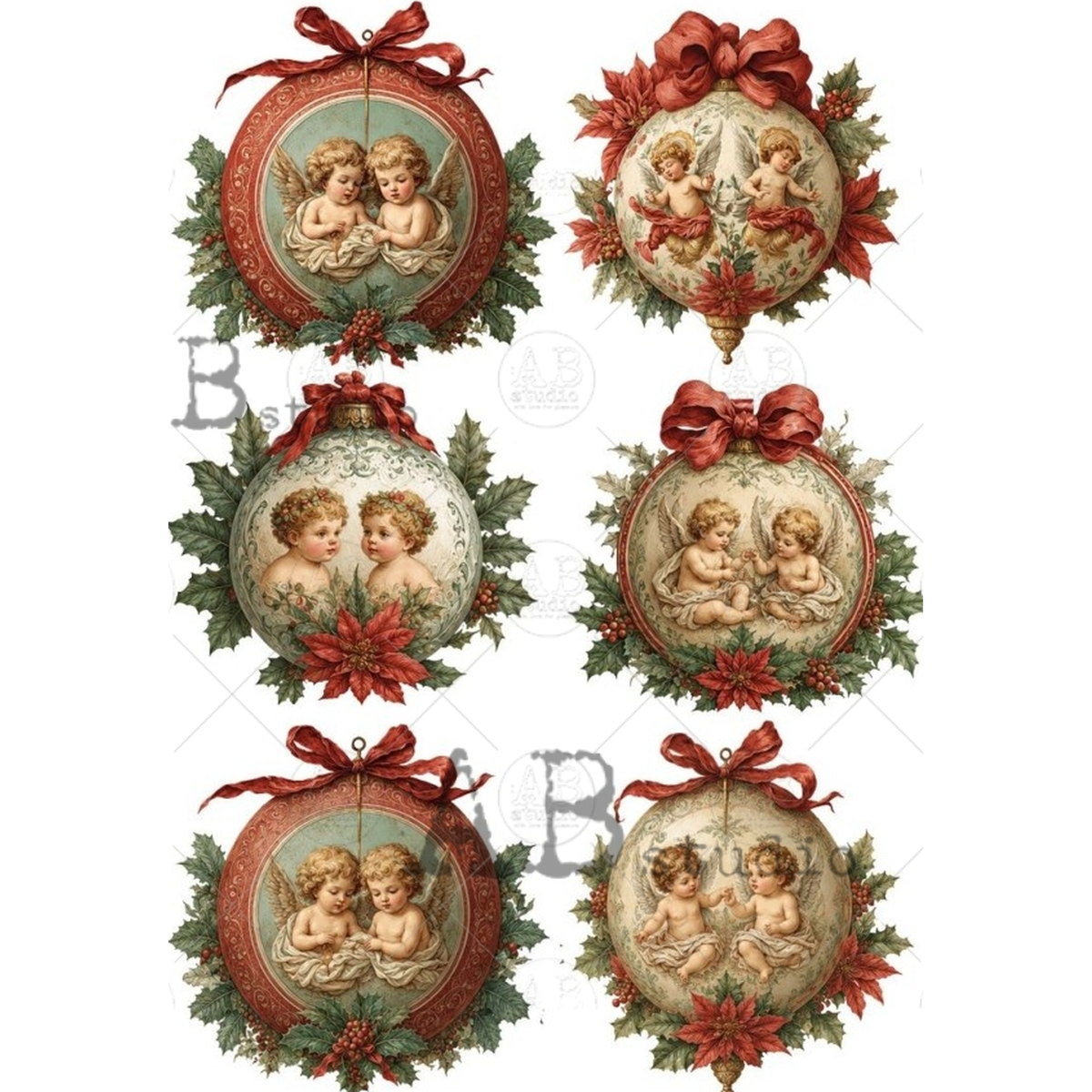 SIx illustrated ornament round designs with pairs of cherubs framed iwith red holly berries and ribbons.