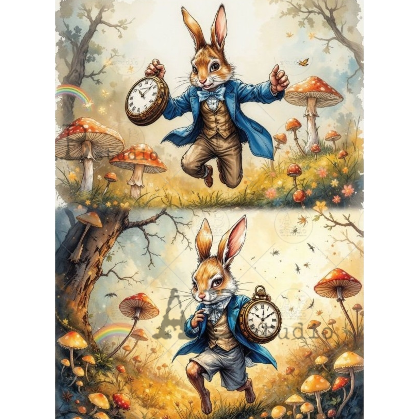 Two images of a rabbit character with a pocket watch in a fantasy forest setting.
